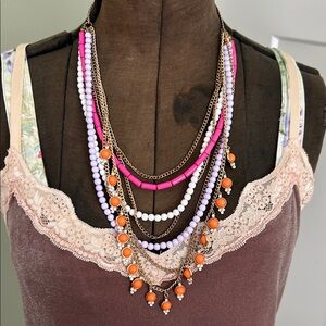 Multi mixed media strands beads round cylinder gold tone silver tone 12” drop